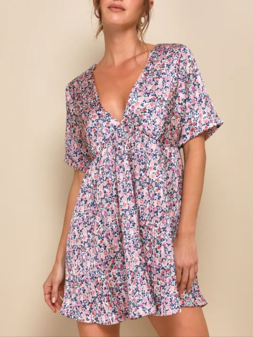 Lulu's Express Yourself Blush Pink Floral Print Satin Babydoll Dress Size XL